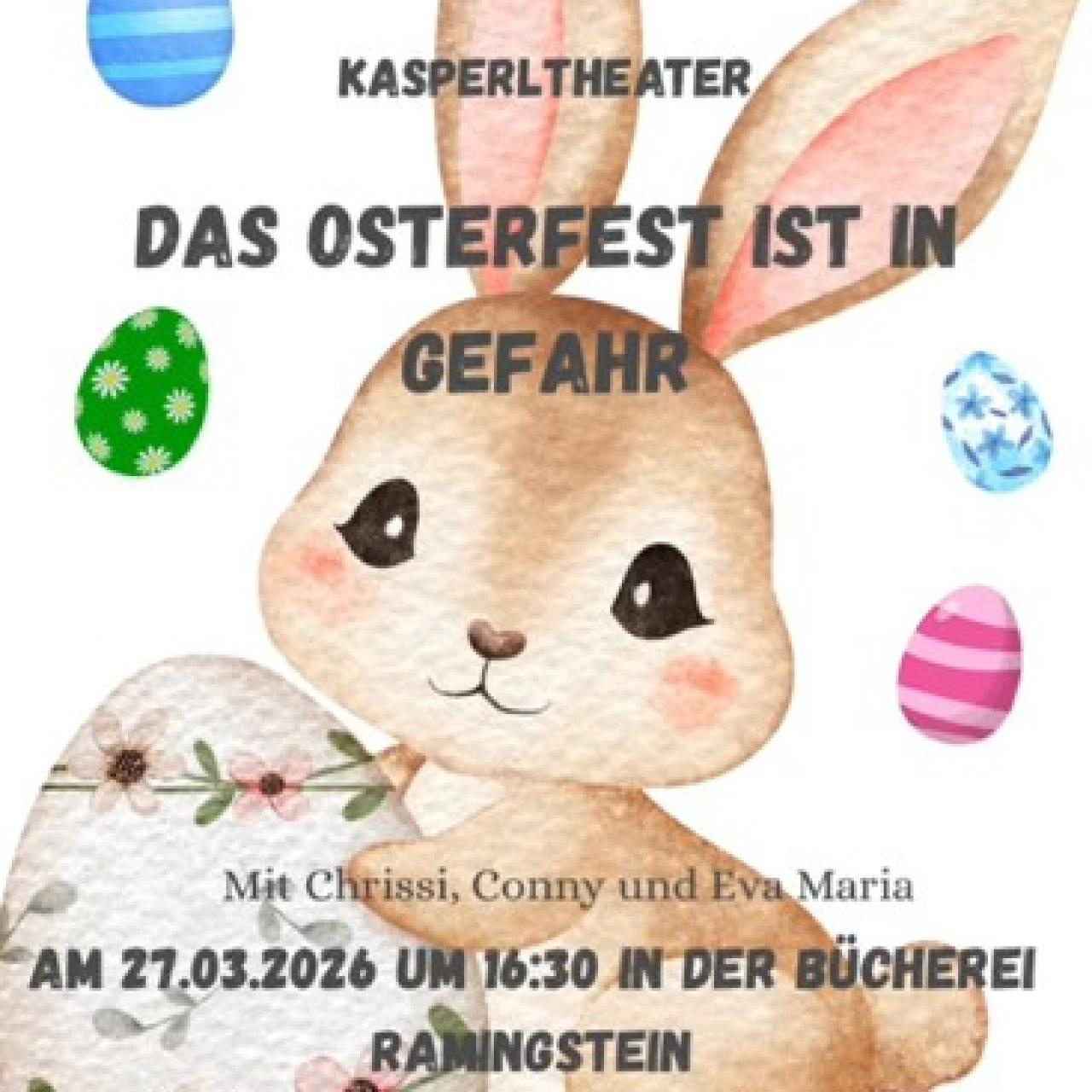 Oh Schreck - das Osterfest ist in Gefahr! Irgendetwas läuft da gehörig schief - und nur der Kasperl kann das Chaos noch retten! Wird es das Osterfest trotzdem geben? Liebe Kinder, liebe Eltern kommt am 27.03.2026 um 16:30 vorbei und helft mit, das Rätsel zu lösen? 